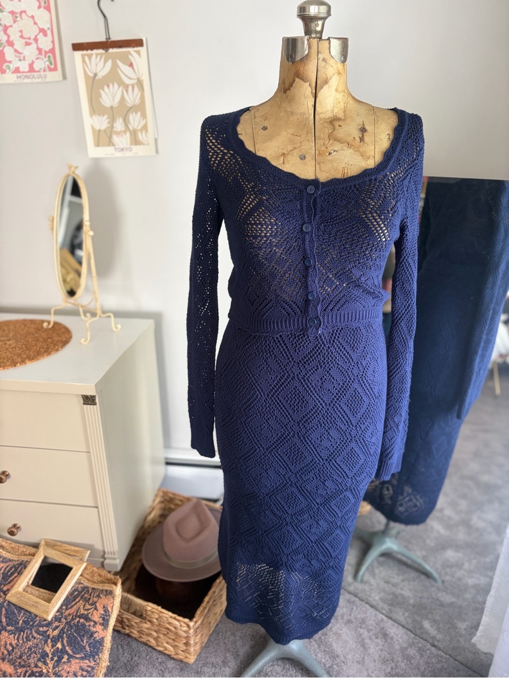 Freshman  1996 Navy Blue Midi Skirt Cardigan Set